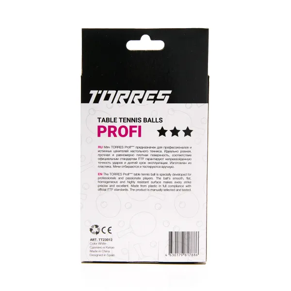 Мяч для наст. тенниса TORRES Profi 3*, TT23012, диам. 40+мм, упак. 6 шт, белый за 338.30 ₽ в Махачкале